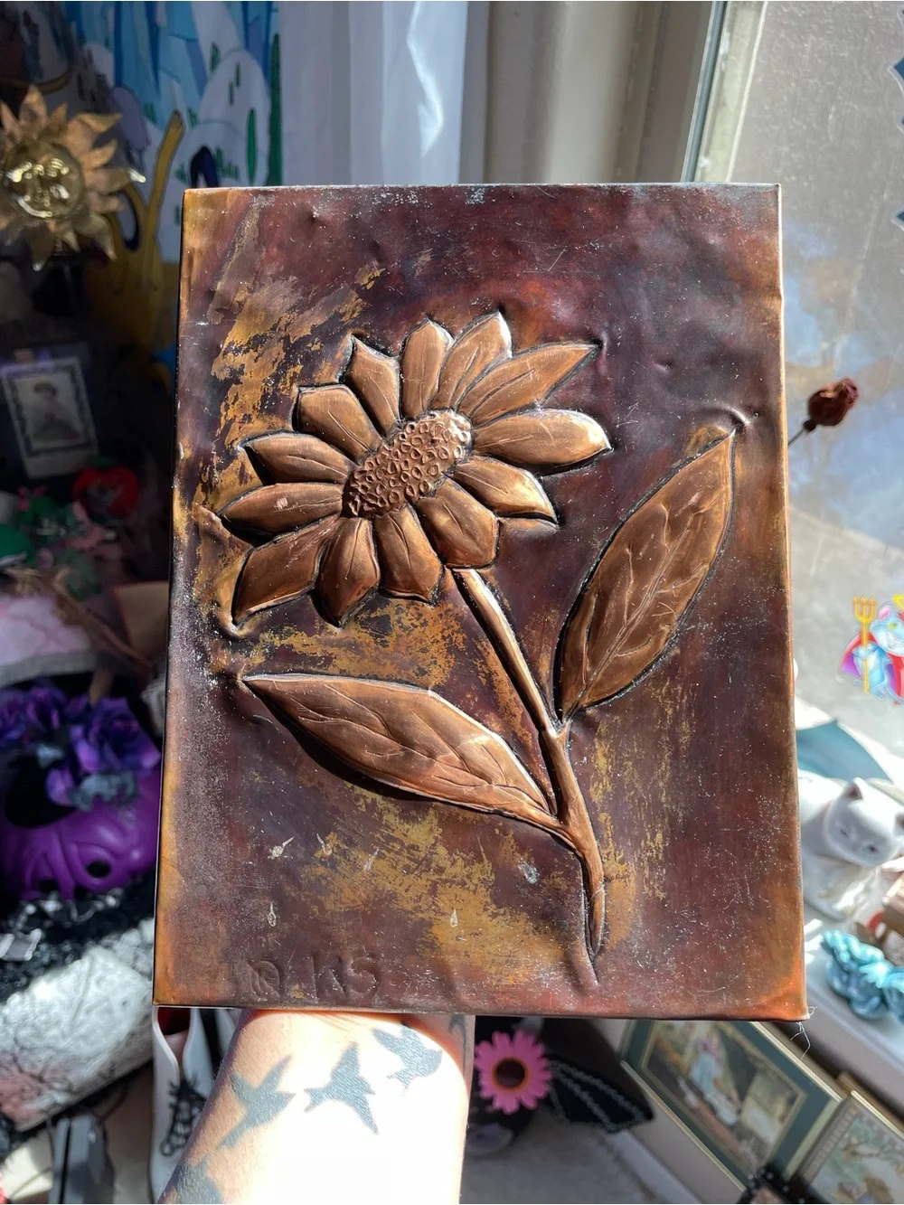 Vintage handmade signed bronze copper emboss 3D sunflower Art decor art